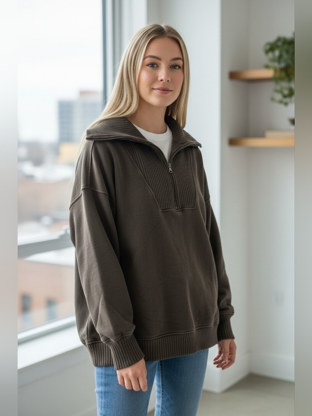 AERIE Olive Green Quarter-Zip Sweater with Ribbed Collar